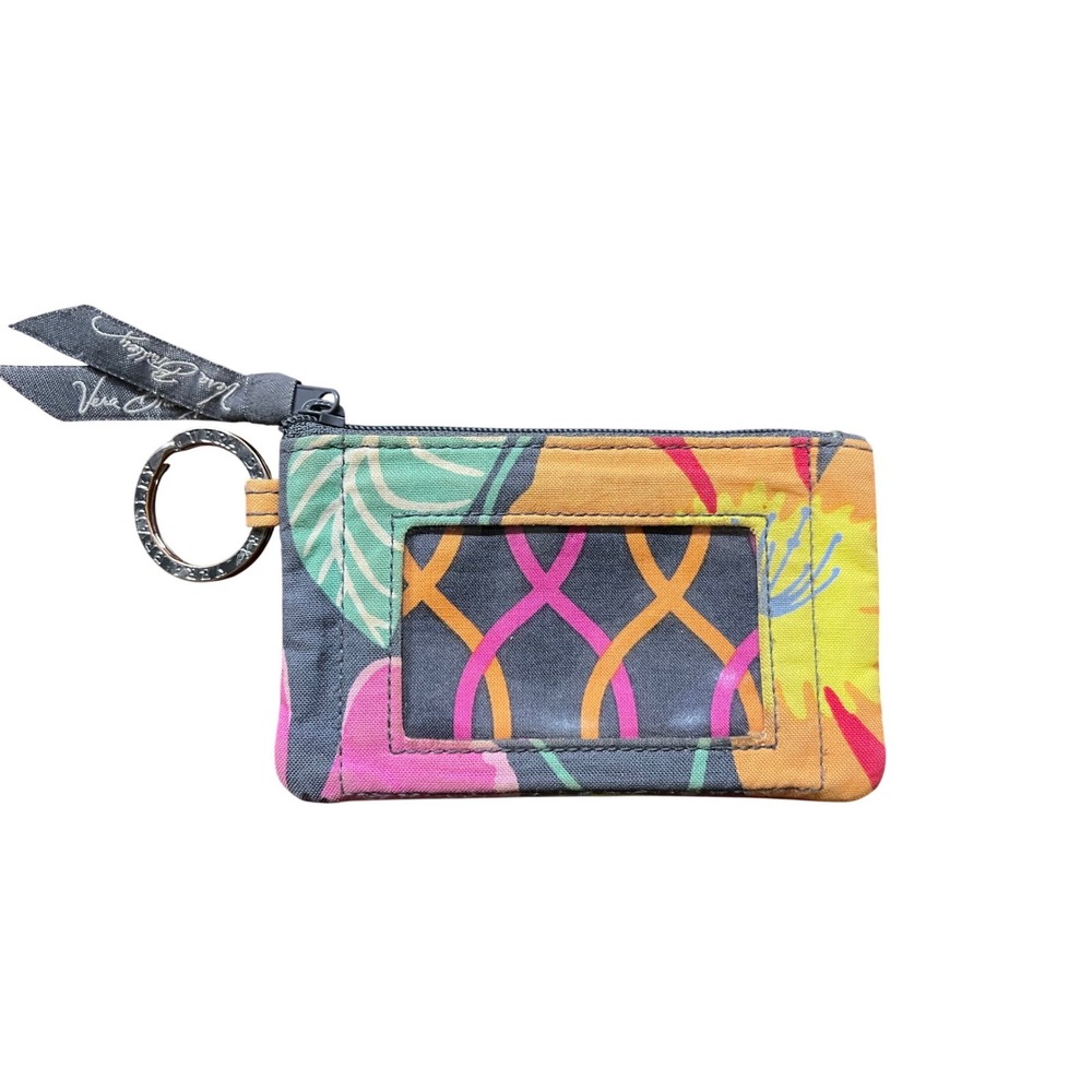 Vera Bradley Zip ID Case Wallet Keychain Floral Gray Pink Orange Yellow Floral